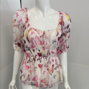 Hale Bob Pink and Yellow Butterfly Blouse